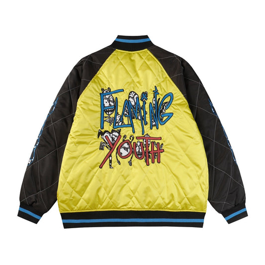Chrome-Hearts Flaming Youth Bomber Jacket - Yellow Black Graphic Street Coat D10