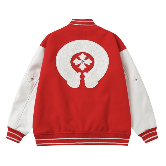 Chrome-Hearts Red Cross Varsity Jacket - White Sleeve Gothic Street Baseball Coat D68